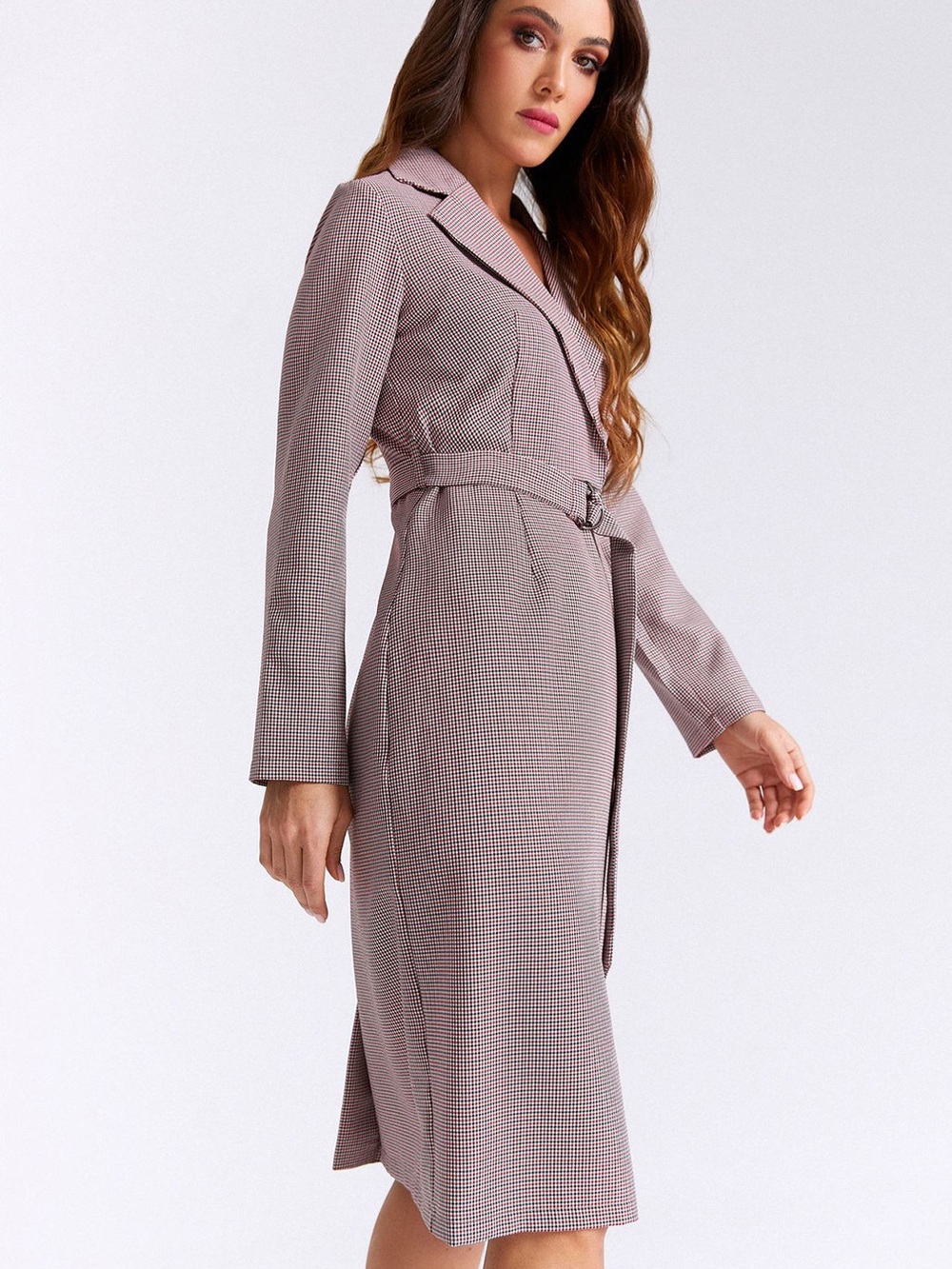 Tailored Belted Long Sleeve Checked Midi Dress